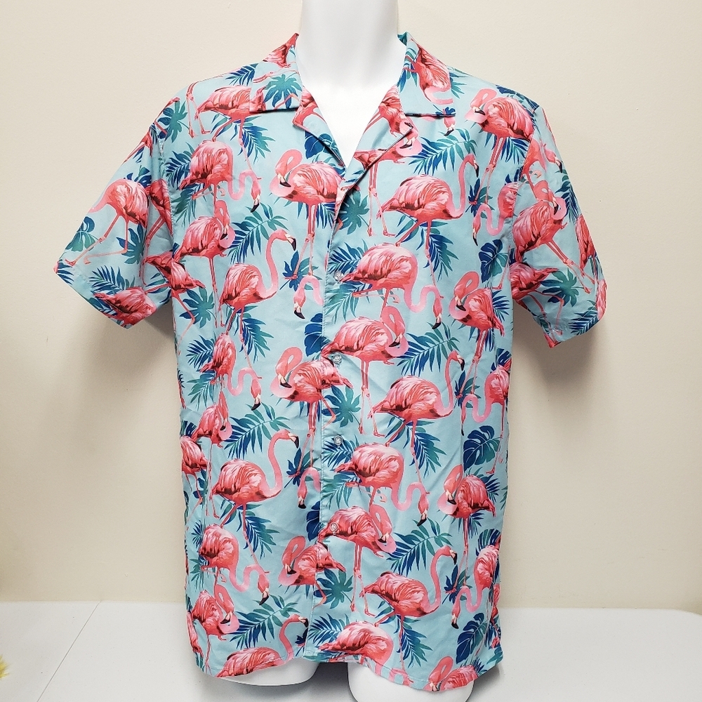Distortion Mens Pink Flamingo Hawaiian Button Up Shirt Size Medium